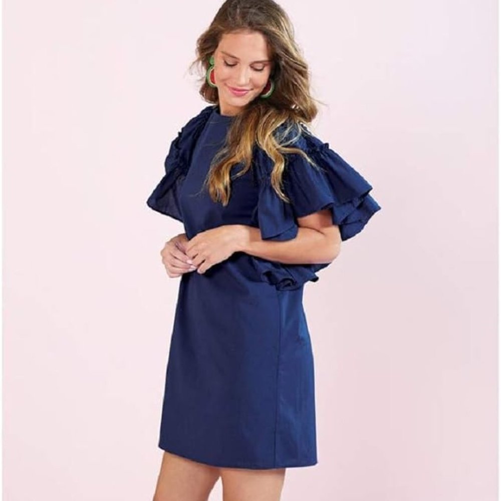 Mud Pie Women's S 4-6 Navy Valencia Ruffle Sleeve Dress NWT